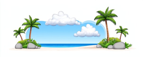 Obraz premium An uninhabited isle in the ocean, boasting a beach, palm trees, and rocks, encircled by sea water and under a cloudy sky. This tropical scene, empty of people and filled with sand, is illustrated in