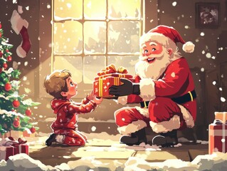 A cheerful cartoon-style scene of Santa Claus on Christmas Day, kneeling beside an excited child, handing them a beautifully wrapped gift. Santa is dressed in his classic red suit, with a big smile.