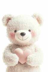 Obraz premium Fluffy teddy bear holding pink heart, light background.