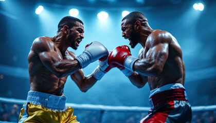 Two professional boxers in the ring during a high-energy fight, sweat flying as they exchange powerful punches under dramatic spotlighting.