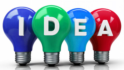 3d illustration of four different color light bulbs, with word text letters "IDEA" are written on the them