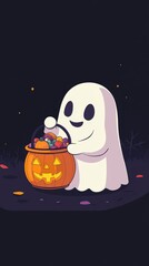 Naklejka premium Dark background, a cute cartoon ghost holding a lantern and a pumpkin bucket full of candy