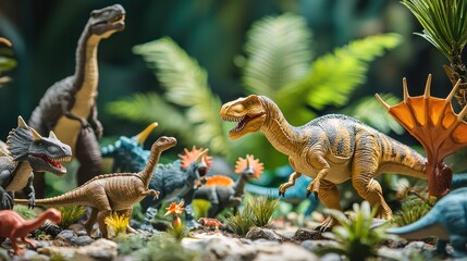 A collection of dinosaur toys, including T-Rex and Triceratops figures, set up in a playful diorama