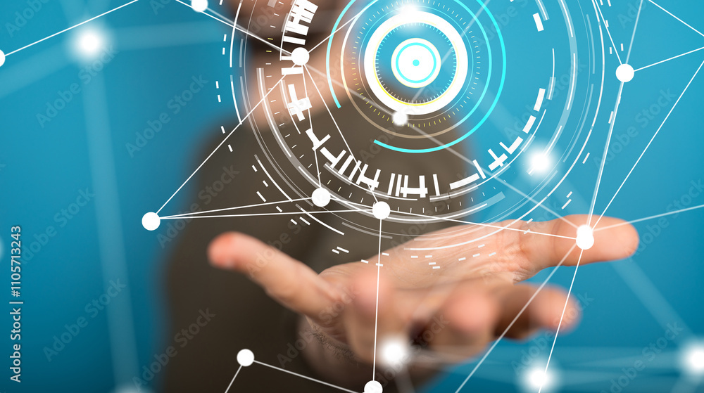 Poster Neural network 3D illustration. Big data and cybersecurity