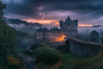 Obraz premium The dimly lit, rustic ruins of a medieval castle loom grandly under a dark, stormy sky with visible lightning, offering a foreboding yet captivating sight at twilight.