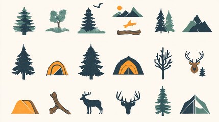Fototapeta premium A collection of small icons representing various aspects of wilderness, like tents, trees, and wildlife.