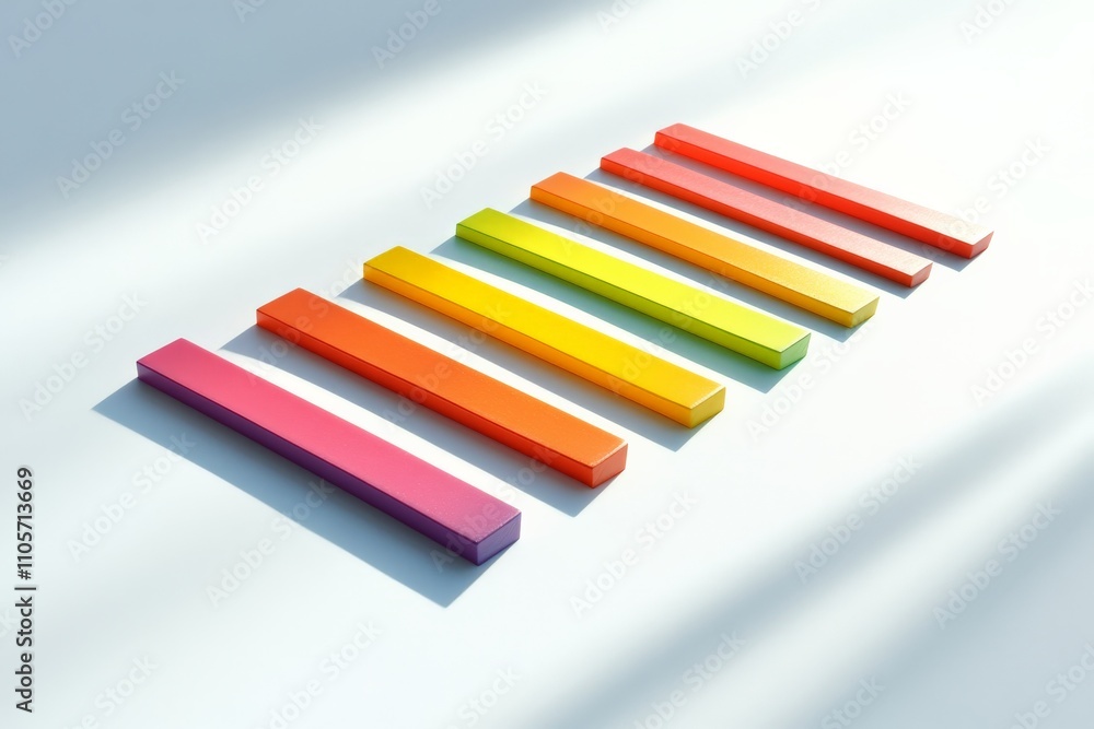 Poster A series of seven colorful rectangular blocks arranged in a gradient pattern on a light background, demonstrating simplicity and harmony through color distribution.