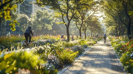 Create a scene of a dedicated cycling lane weaving through urban greenery, offering a refreshing and eco-friendly transportation route