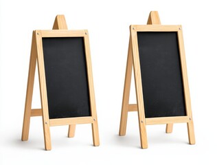 A street-side chalkboard displaying a café menu, an outdoor advertisement stand, and a promotional banner. This isolated chalkboard or easel features a realistic 3D modern illustration for