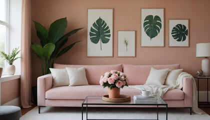 A modern living room with a pink fabric sofa against a soft colour wall featuring vertical poster frames in wooden frame borders 3d illustration template