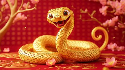 Fototapeta premium Tradition with a Twist Cheerful Golden Snake in a Festive Scene