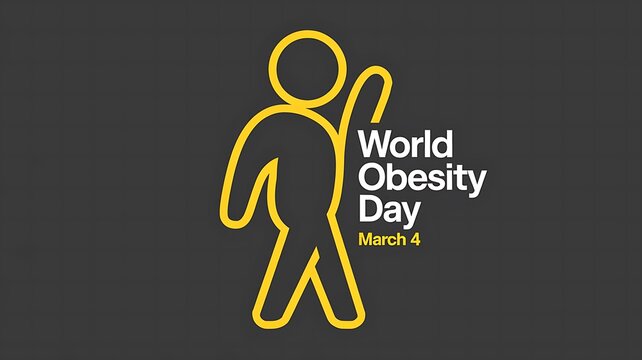 Minimalist World Obesity Day Design with Bright Yellow Outline Human Figure on Black Background and Bold Typography for March 4 Awareness