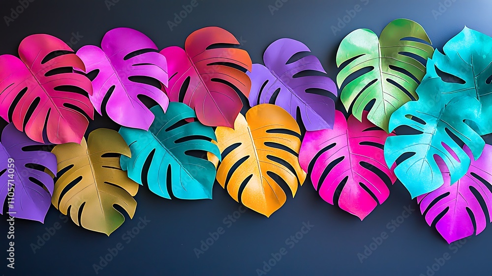 Poster vibrant artistic representation of bold tropical leaves in a colorful array on a dark background