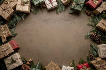 A collection of wrapped Christmas gifts displayed in a circle surrounded by evergreen branches, pine cones, and twinkling golden lights on a rustic surface.