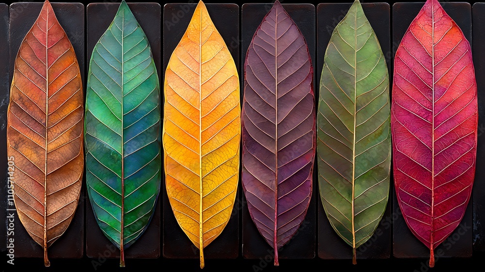 Poster bold and artistic representation of tropical leaves in vibrant colors and unique patterns on a dark 