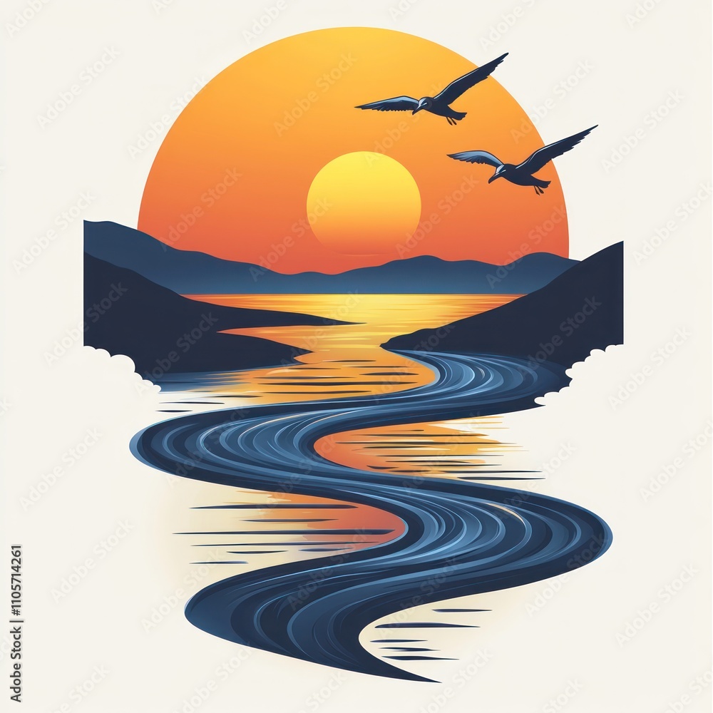 Aufkleber here's a possible and keyword list for your image... serene sunset over a meandering river.