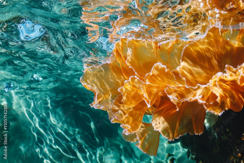 Poster a captivating underwater photograph showcasing the intricate patterns of a bright orange coral with 