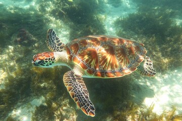 Fototapeta premium A beautifully detailed sea turtle glides gracefully through sunlit, crystal-clear waters, its intricately patterned shell a testament to the wonders of marine life.