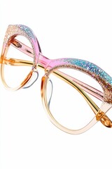 Glitter-rimmed eyeglasses; pastel pink, orange frames.