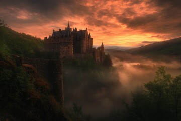 Fototapeta premium Nestled within a lush forest, this castle basks in the warm glow of a golden sunset, surrounded by enchanting mist, evoking a sense of timeless fantasy and allure.