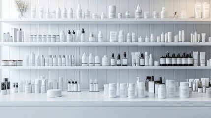 White Bottles And Jars On Shelves In A Modern Store