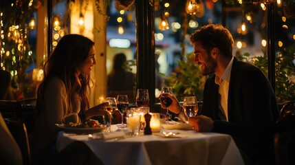 A couple enjoying a romantic dinner at a candlelit table in a charming restaurant.