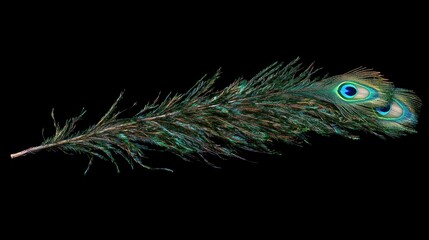 Obraz premium Vibrant Peacock Feather with Striking Iridescent Colors Set Against a Dark Background for Nature and Wildlife Photography