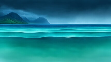 Fototapeta premium Dramatic Watercolor Portrayal of a Stormy Tropical Landscape with Rolling Waves and Mysterious Mountains Under an Overcast Sky