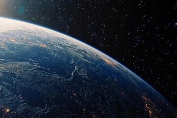 Obraz premium The edge of Earth is beautifully portrayed with the light from the sun creating a luminous border against the dark backdrop filled with twinkling stars.