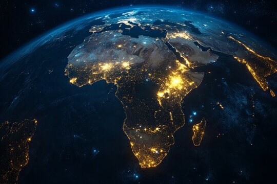 Vibrant city lights illuminate Africa from a satellite perspective, showcasing the continent's urban landscapes against the dark backdrop of a starlit sky.