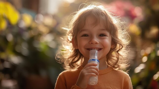 A child holding an inhaler with a smile, asthma management, bright environment