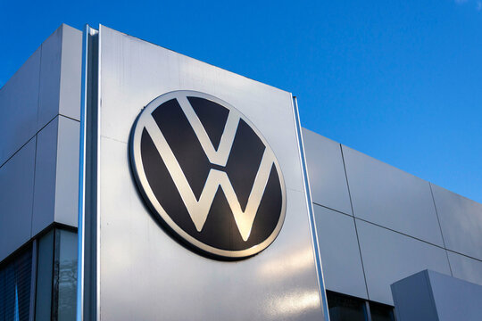 New Volkswagen company logo on dealership building on November 28, 2024 in Prague, Czech Republic.