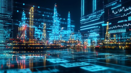 A fast paced trading floor showing fluctuating prices for oil stocks, with oil rigs and trading data floating in the digital environment