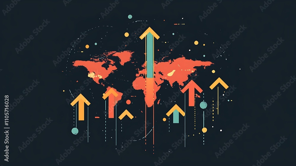 Poster global upward trend: abstract world map with ascending arrows