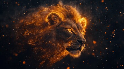Naklejka premium Majestic Lion with Fiery Mane in Dramatic Lighting Capturing the Essence of Strength and Power in the Wild