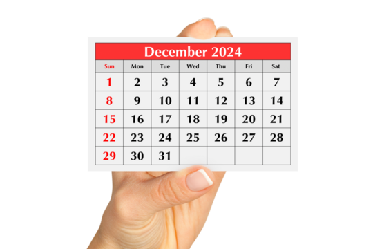Page of the annual monthly calendar December 2024 in hand. Isolated on transparent png