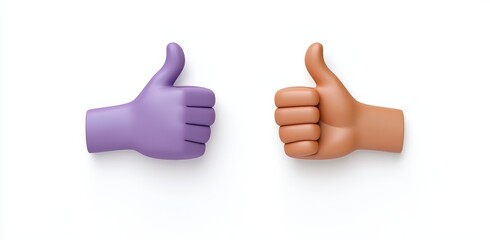 An African American man's hand displays thumbs up and thumbs down icons, representing good and bad, voting gestures, in a 3D render illustration on a white background.