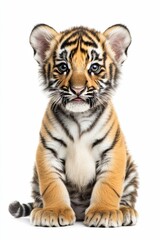 Fototapeta premium Orange striped cub sits, white background.