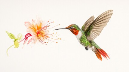 Obraz premium Colorful Hummingbird in Flight Near Vibrant Flower, Illustrating Beauty of Nature, Wildlife and Pollination, Perfect for Art and Educational Purposes