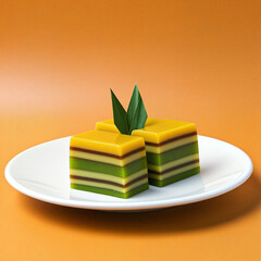 Malaysian kuih lapis sarawak, rice pudding dessert with pandan leaves on white plate