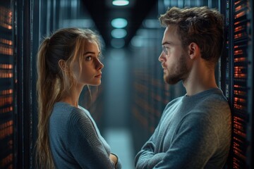 Young professionals engage in deep conversation in a dimly lit server room
