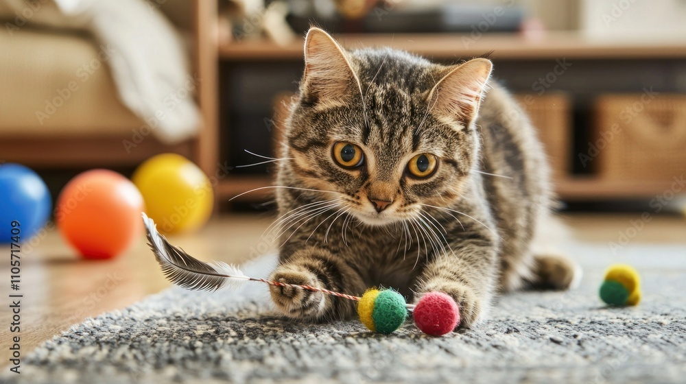 Aufkleber a curious cat playing with a feather toy on a string, with other small balls and toys in the backgro