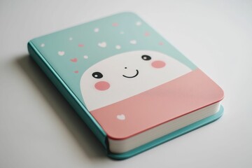Small book; pastel cover; cheerful face; hearts.