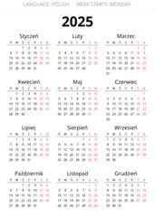 2025 year polish calendar. Printable vector illustration for Poland