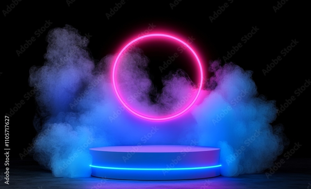 Poster high-tech digital entrances with neon radiance and hologram effects. magical circles and square podi