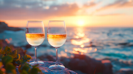 Two glasses of rose wine on a beach picnic at sunset, with soft focus background