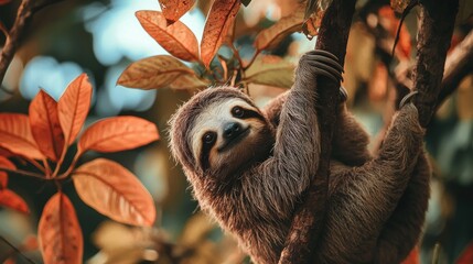 Fototapeta premium A cute animal, like a sloth, hanging from a tree branch, embodying a laid-back lifestyle.