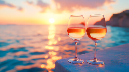 Two glasses of rose wine on a beach picnic at sunset, with soft focus background