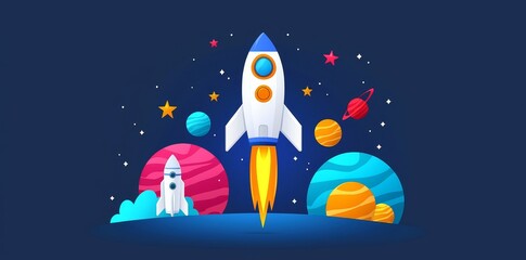 In a contemporary artwork, a cartoon rocket and an alien UFO navigate outer space amidst stars, meteors, planets, and falling comets with trails, set against a dark night sky, creating a backdrop for