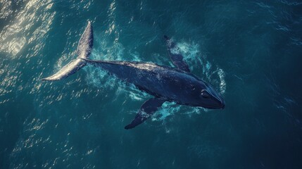 Fototapeta premium Majestic Blue Whale Swimming Gracefully Through Deep Blue Ocean Waters, Showcasing Its Large Body and Powerful Tail Beneath Sunlit Waves